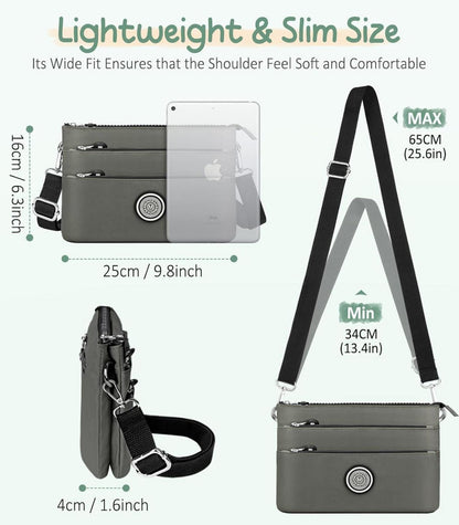 Umhängetasche Damen Nylon Mittelgroß Wasserdicht Leichte Messenger Bag Grün Grau