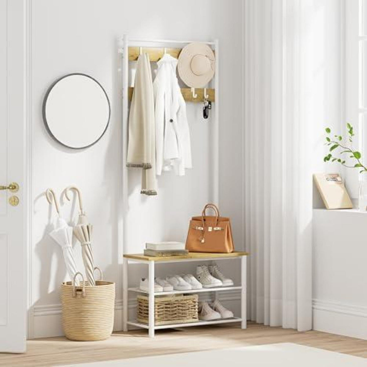 Holz Garderobenständer mit Sitzbank & Schuhregal Weiß