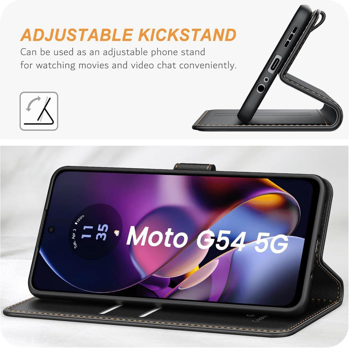 Motorola Moto G54/G64 5G Handyhülle Schwarz Leder Klapphülle mit Kartenfach und Standfunktion