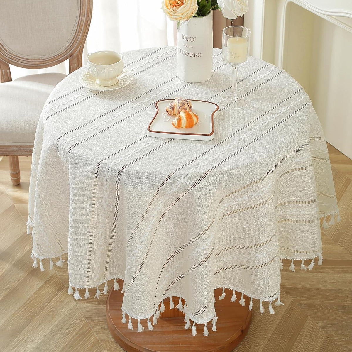 Böhmische Tischdecke rund, Makramee Leinen, 100cm, Elfenbeinweiß
