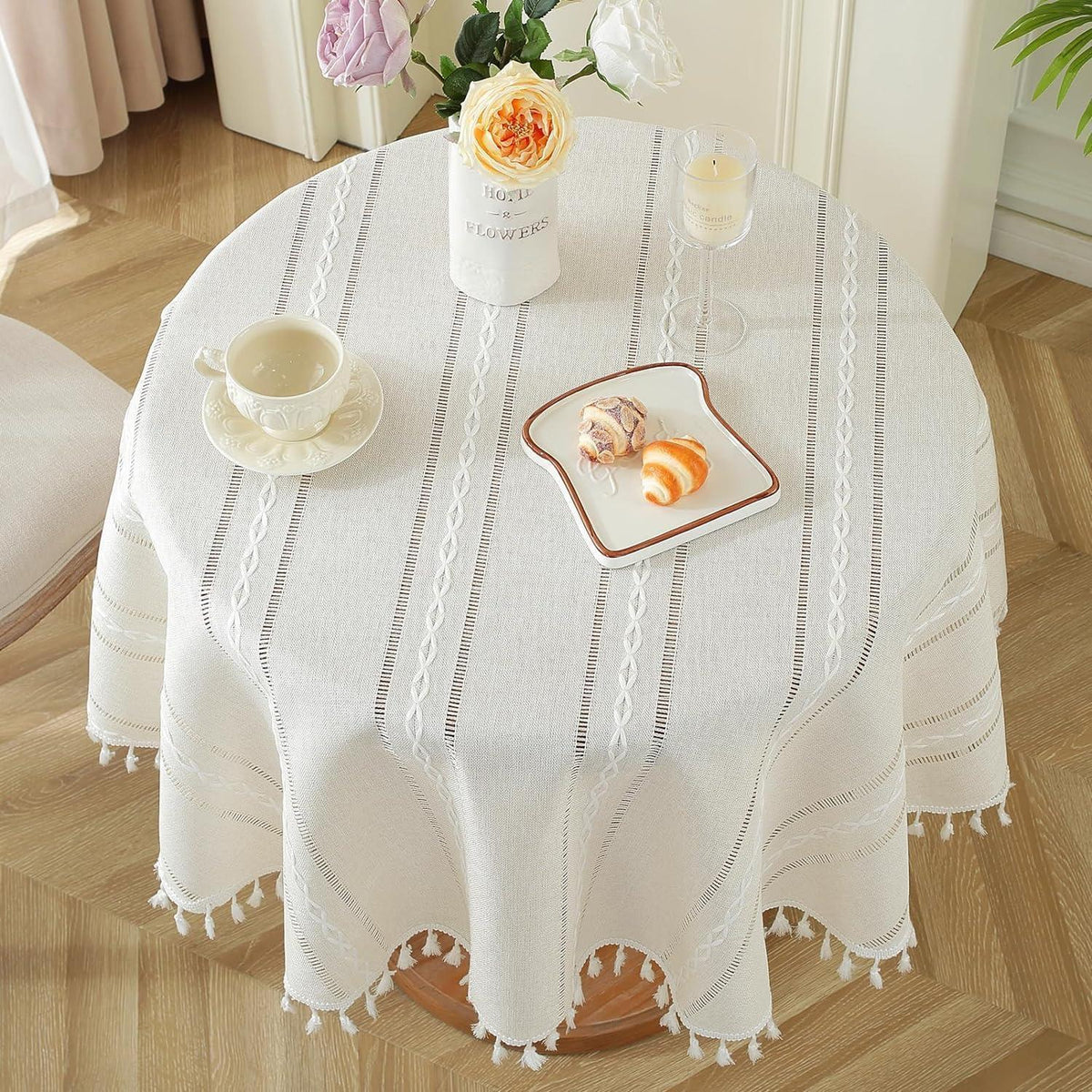 Böhmische Tischdecke rund, Makramee Leinen, 100cm, Elfenbeinweiß