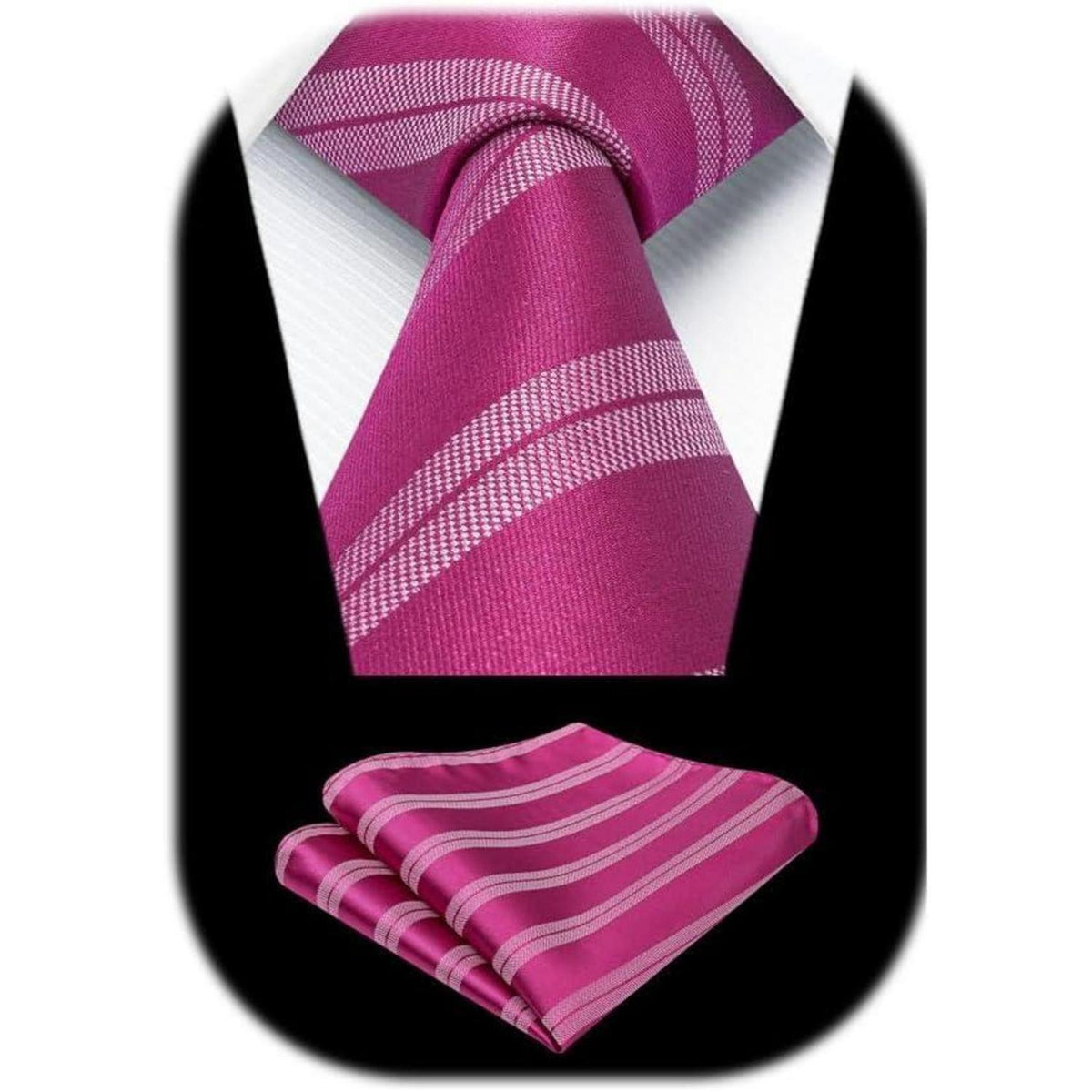 Herren Krawatten-Set mit Einstecktuch, Streifen, Heißes Rosa
