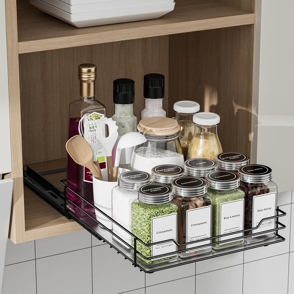 ZDDLOINP Ausziehbares Gewürzregal Schwarz 28cm Platzsparender Küchenorganizer