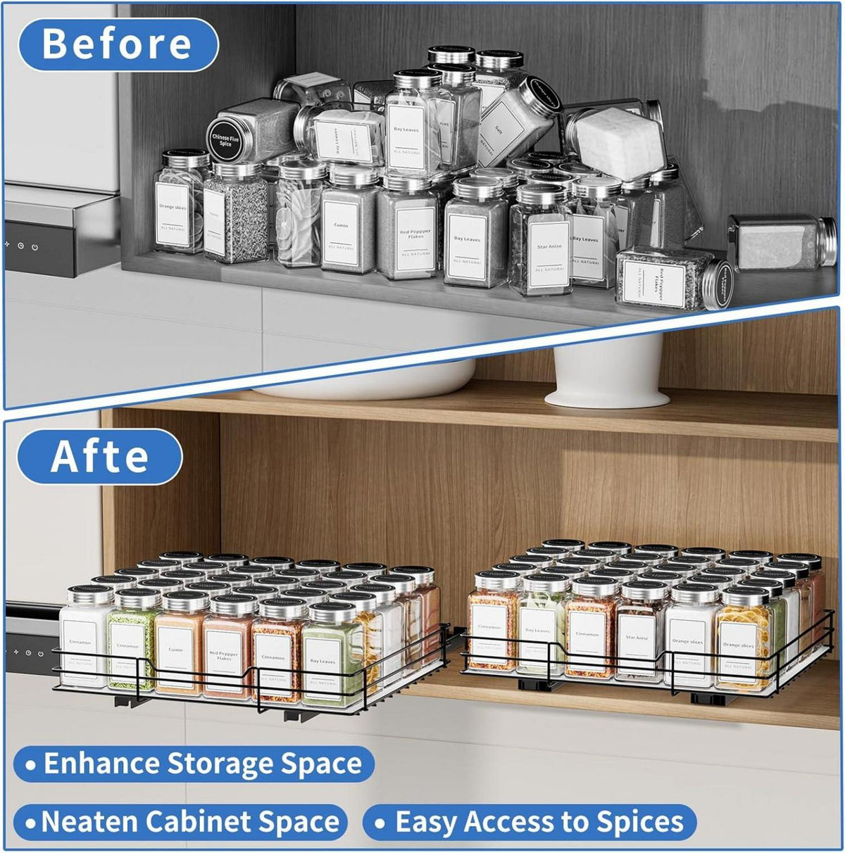 Ausziehbares Gewürzregal für Schrank Organizer Schwarz Platzsparend