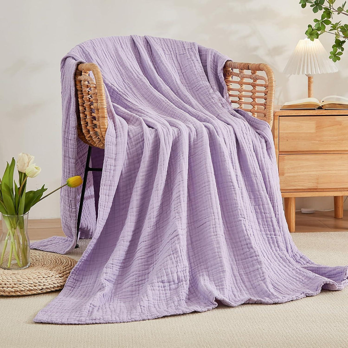 EMME Kingsize Baumwolldecke, weicher Musselin, 274x229 cm, Lavendel