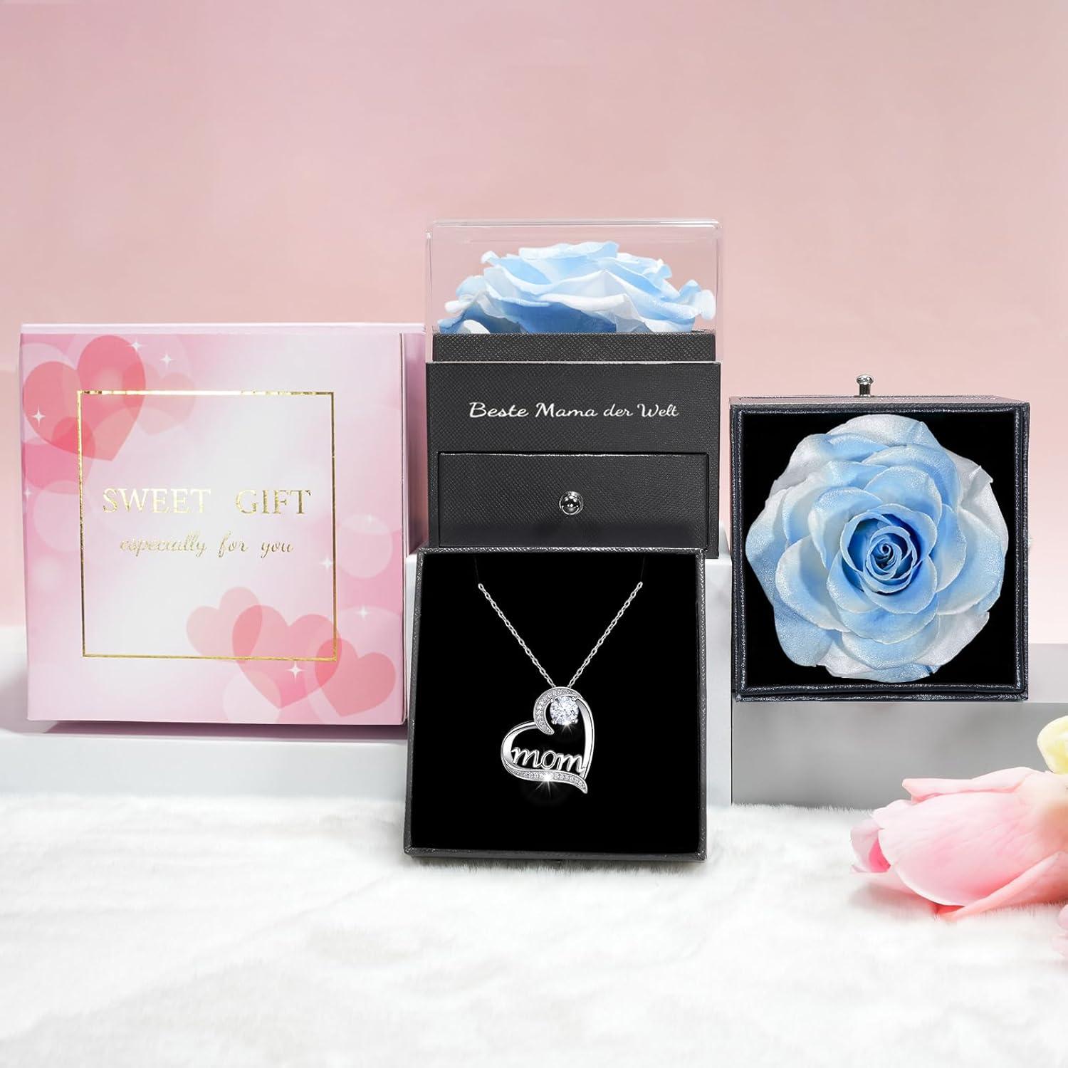 Ewige Rose & Mama Halskette Geschenkbox 925 Silber Rosen Set