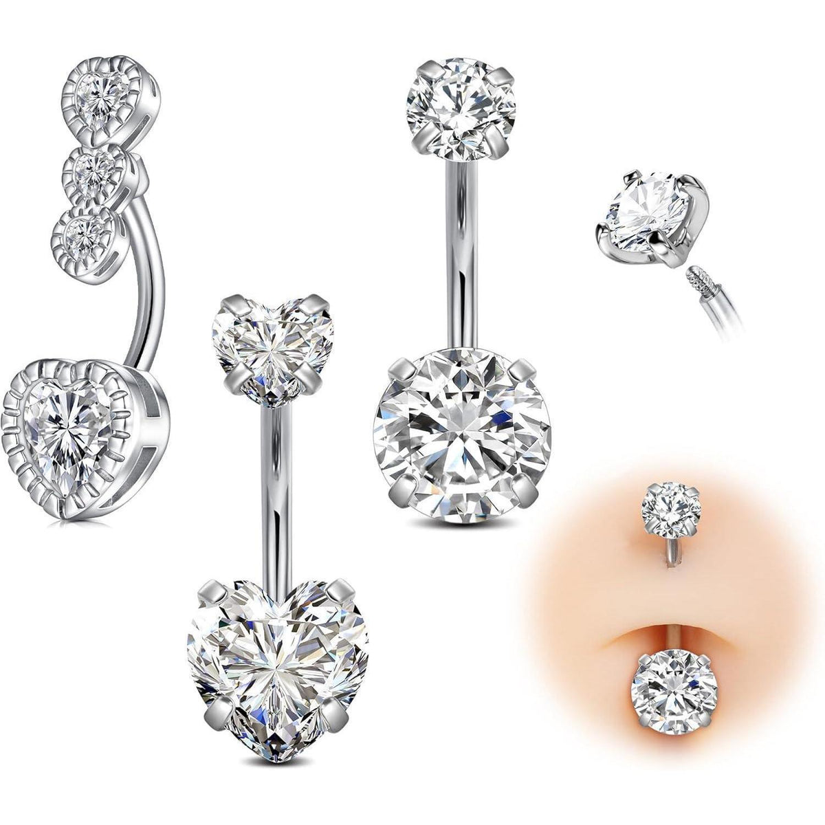 Bauchnabelpiercing 14G Chirurgenstahl Silber/Gold Herz/Rund CZ