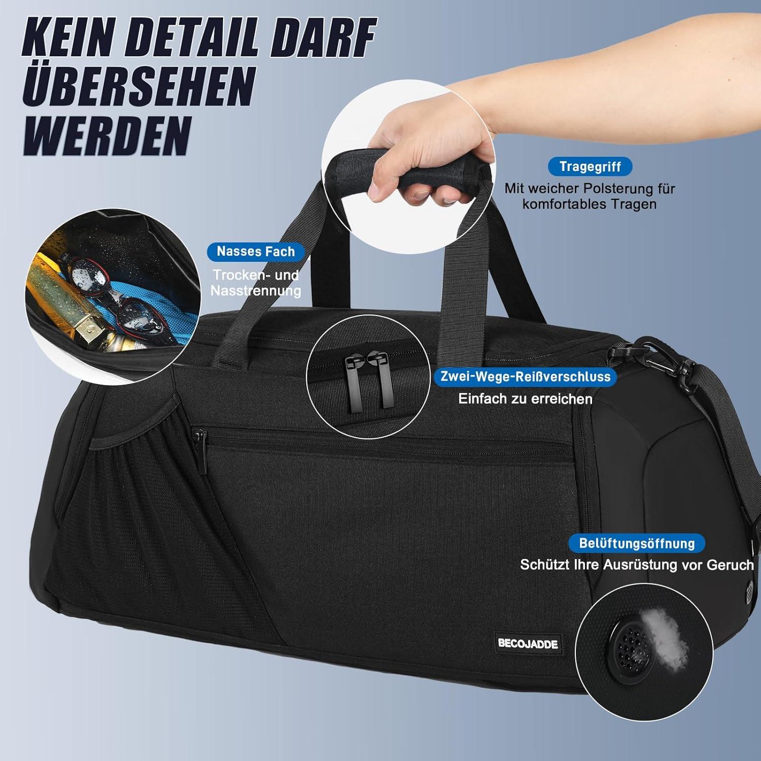 Herren Sporttasche 45L Groß Rucksack Schuhfach Nassfach Wasserdicht Training Weekender Schwarz