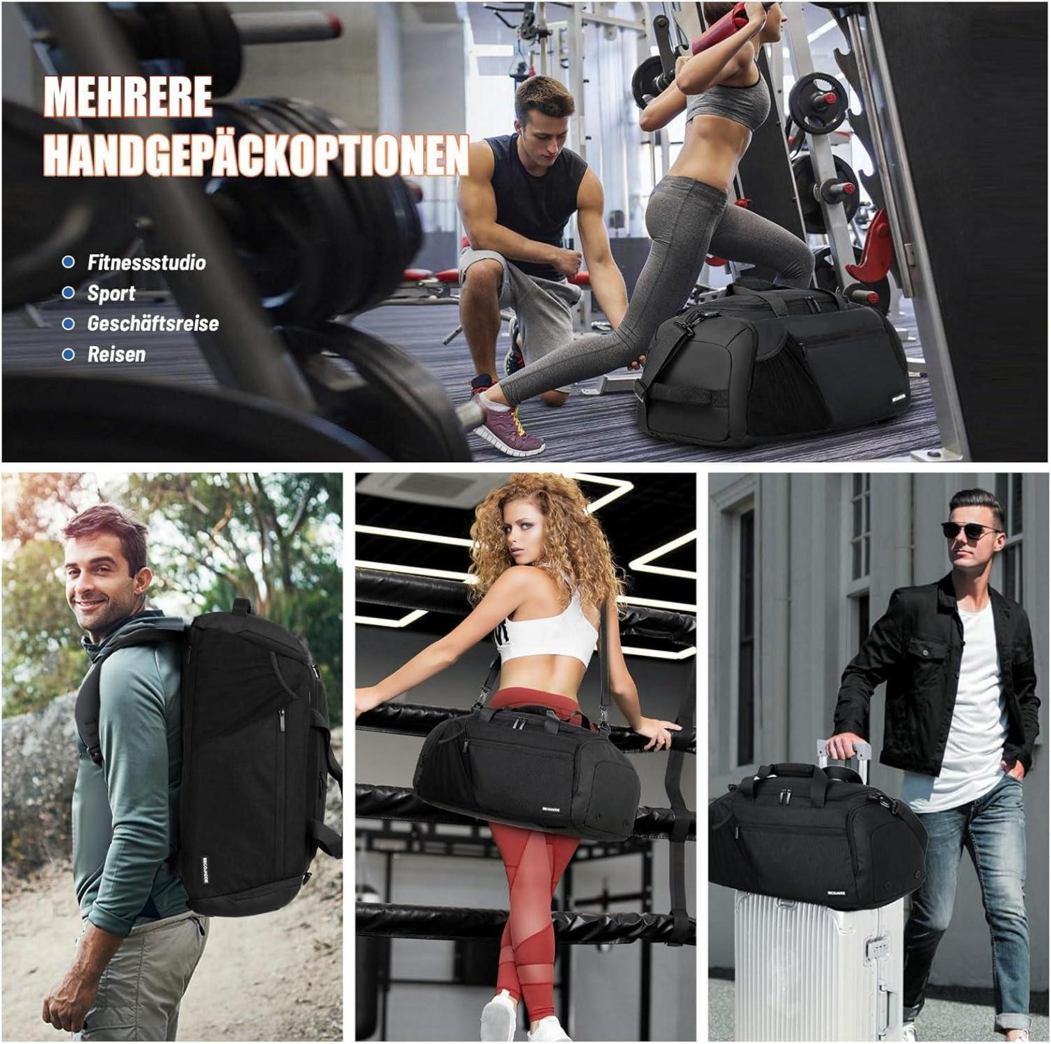 Sporttasche Herren 45L Schwarz Sportrucksack mit Laptopfach und