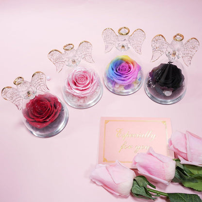 Ewige Rose mit Engel Figur in Glaskuppel Muttertagsgeschenk