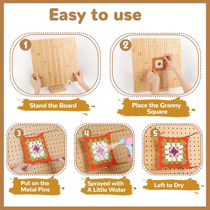 Wooden Blocking Board 33cm Granny Square Spanner Groß Holz Edelstahl-Stabstifte