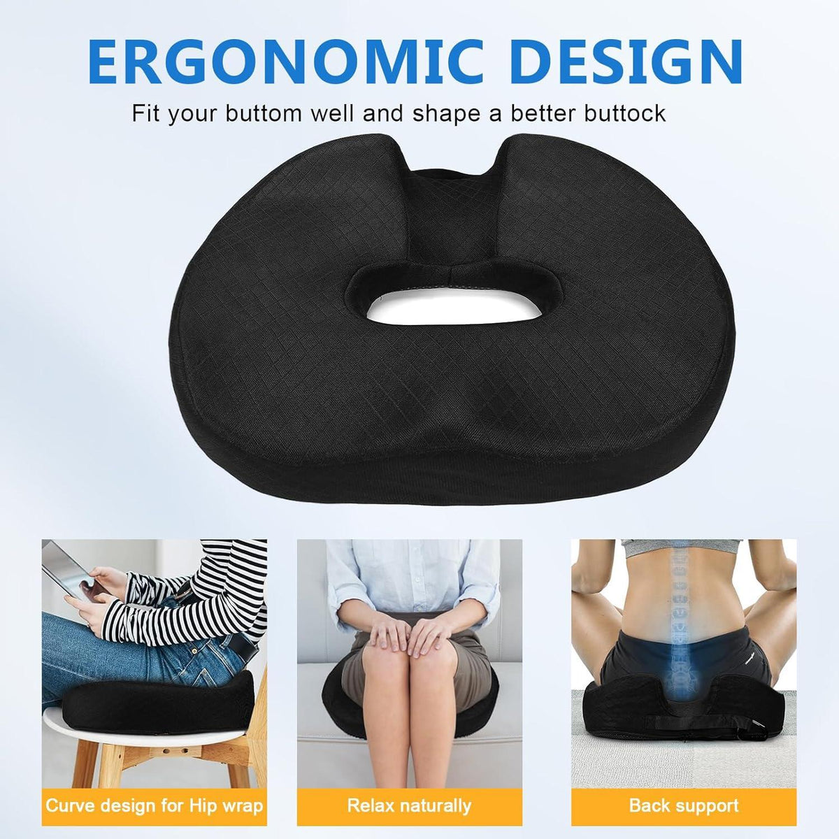 Orthopädisches Hämorrhoiden Sitzkissen Schwarz Memory Foam XL Size