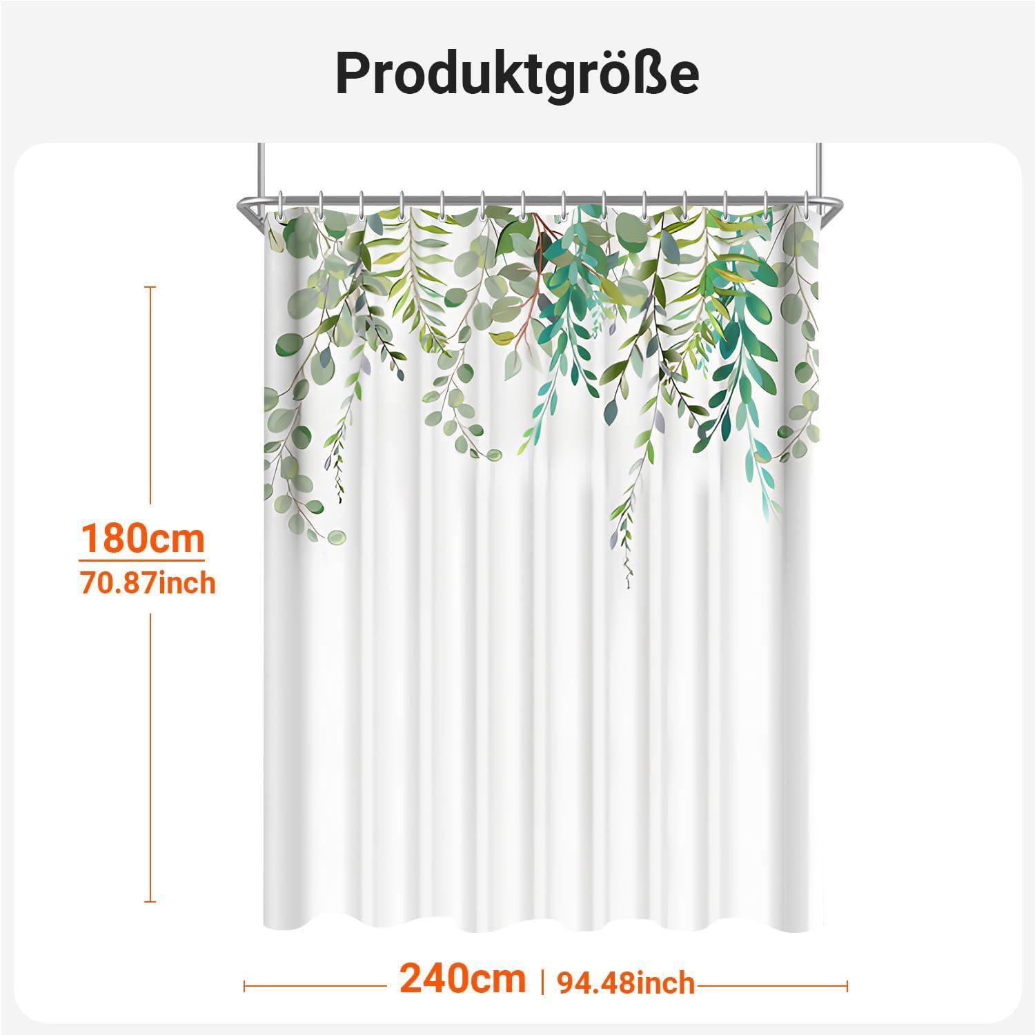 Duschvorhang 240x180cm Grün Blätter Textil Antibakteriell 16 Ösen Badezimmer