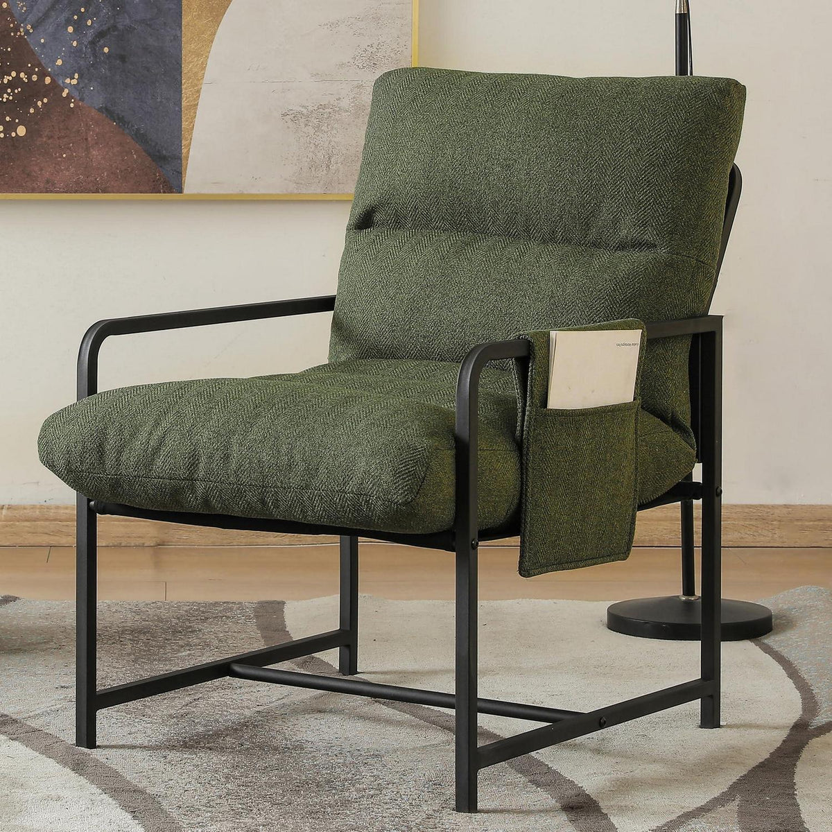 Moderner Loungesessel mit Armlehnen & Seitentasche – Grün