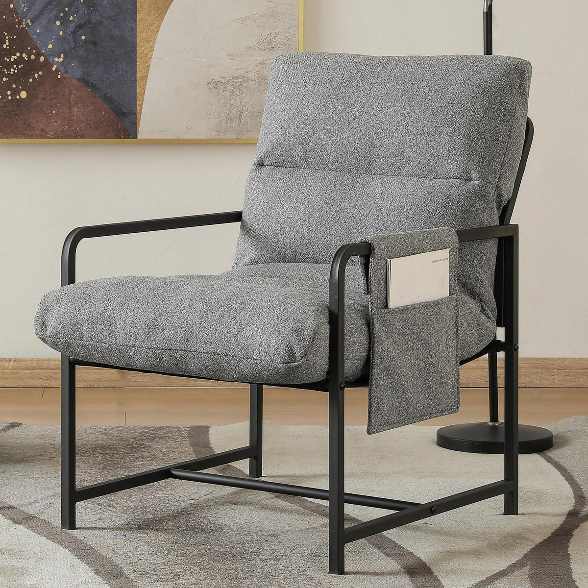 Moderner Loungesessel mit Armlehnen & Seitentasche – Grau