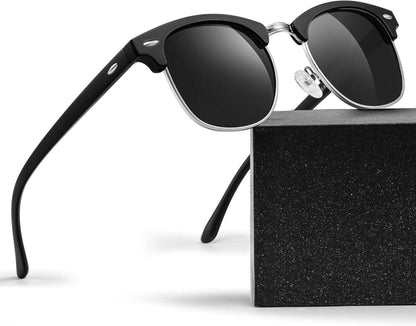 Polarisierte Sonnenbrille Herren Damen UV400 Halbrahmen Retro Schwarz
