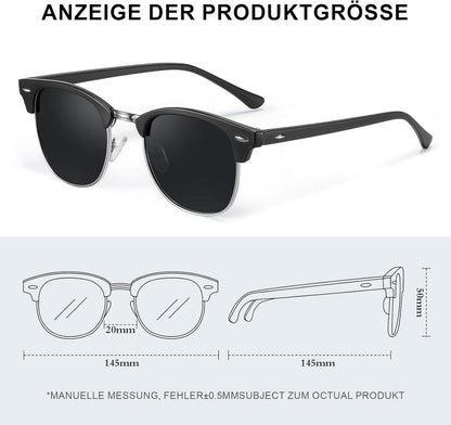 Polarisierte Sonnenbrille Herren Damen UV400 Halbrahmen Retro Schwarz