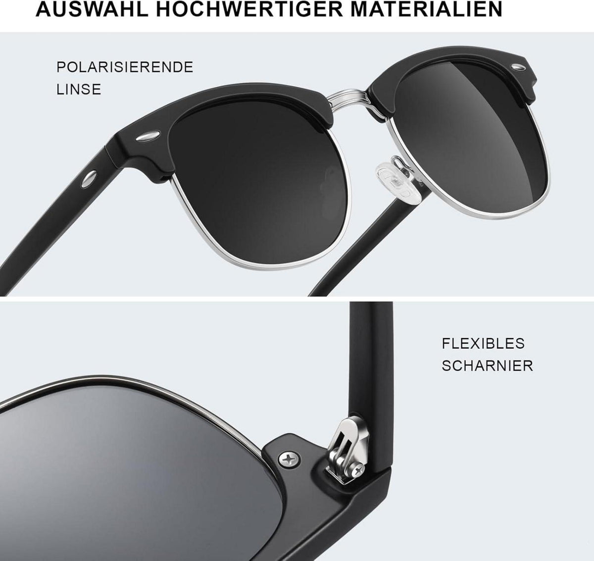 Polarisierte Sonnenbrille Herren Damen Schwarz UV400 Gläser Halbrahmen Retro-Stil