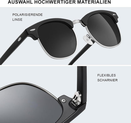 Polarisierte Sonnenbrille Herren Damen Schwarz UV400 Gläser Halbrahmen Retro-Stil