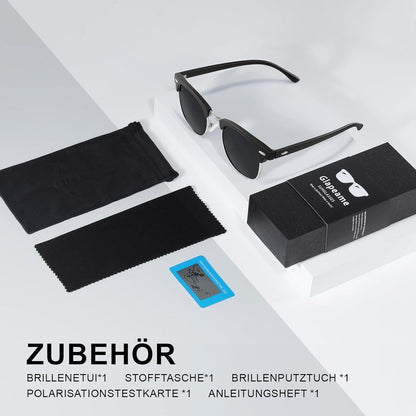 Polarisierte Sonnenbrille Herren Damen Halbrahmen Schwarz UV400 Retro