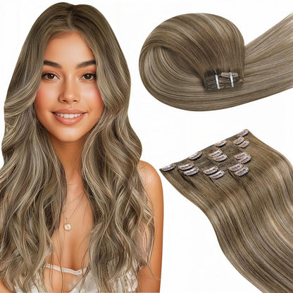 Echthaar Clip-in Extensions Braun Balayage Ombre 50cm