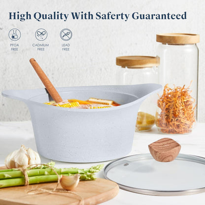 RIOVARM Induktion Töpfe und Pfannen Set Granit Kochgeschirr PFOA-frei Holzmaserungs-Griff - Bratpfanne Suppentopf Stielkasserolle Cookware Set Grau