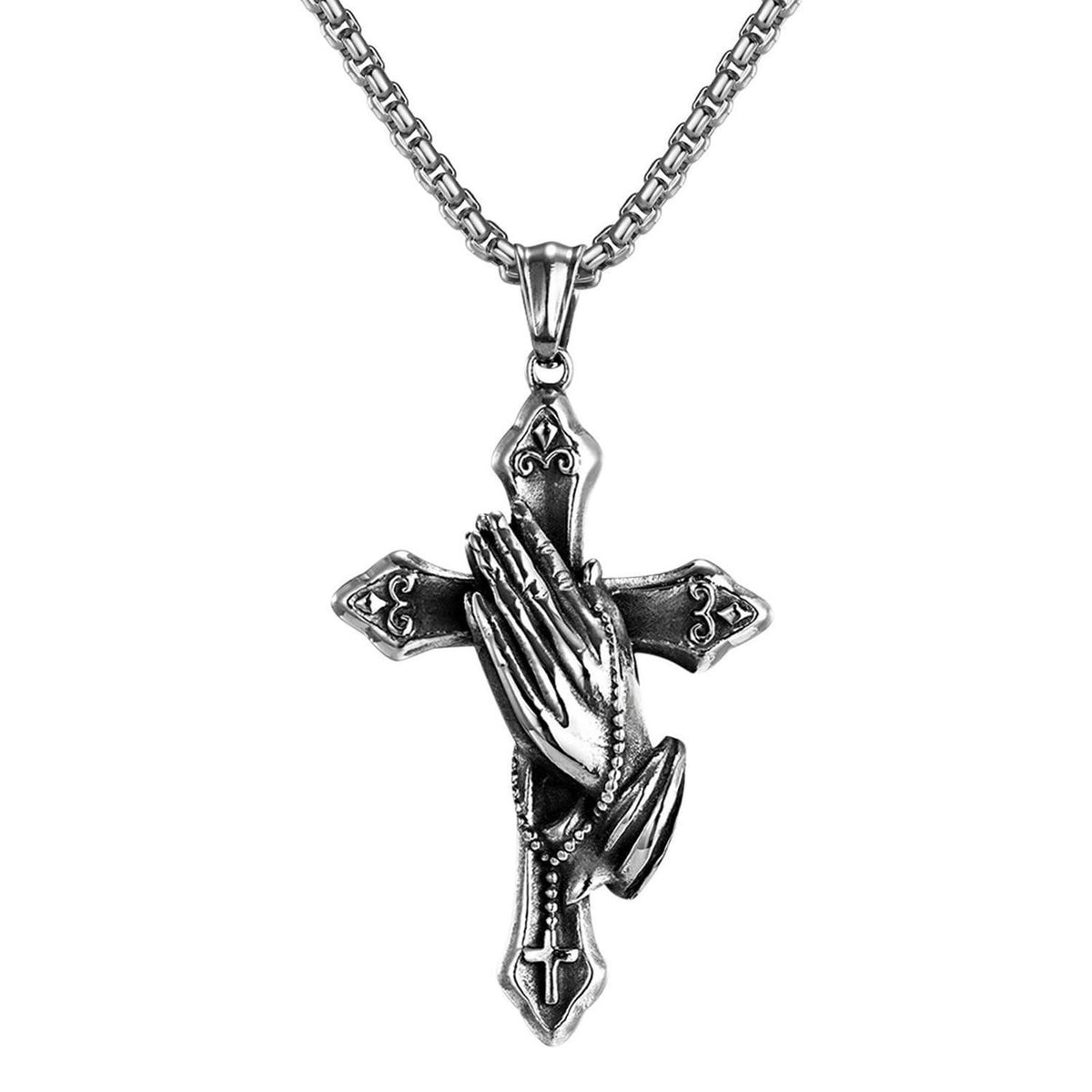 Herren Kreuz Halskette mit betenden Händen – Edelstahl Kette