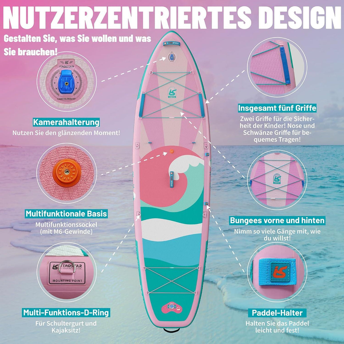 Aufblasbares Stand Up Paddling Board Allround Surfbrett Pink/O