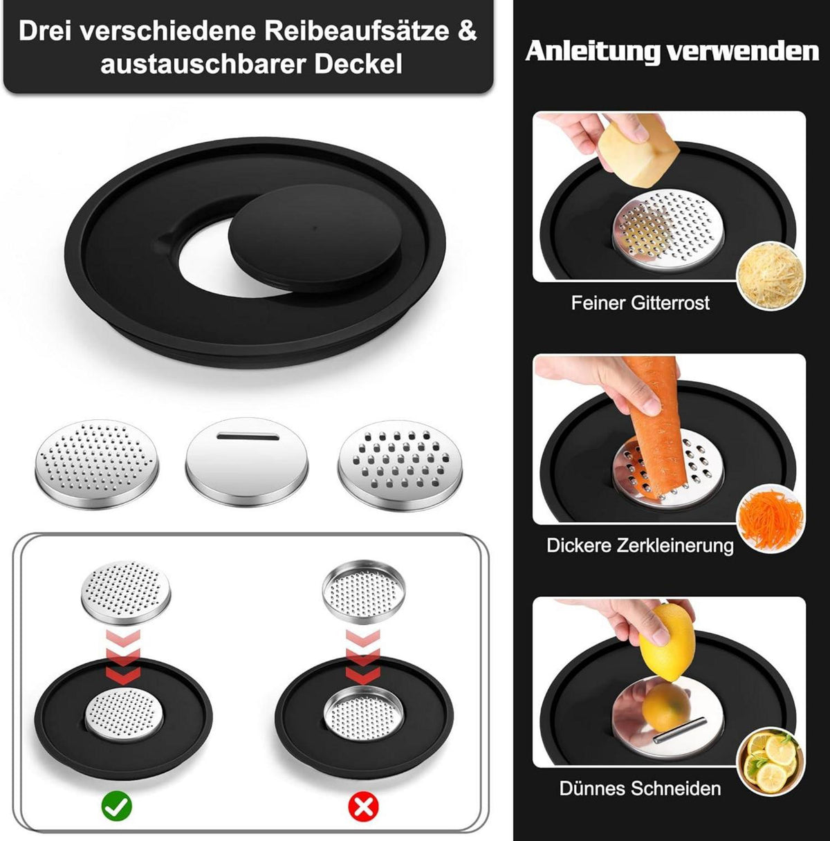 Homikit Rührschüssel Edelstahl Salatschüssel Set 5-tlg Luftdichter Deckel & 3 Reibenaufsätzen Schwarz