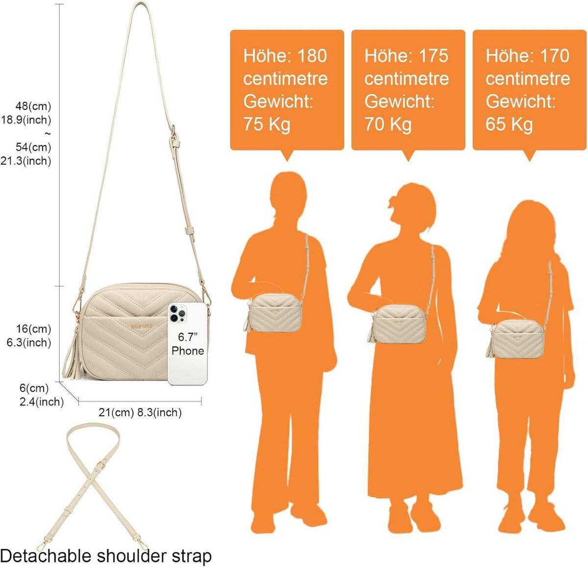Umhängetasche Damen Klein PU Leder Crossbody Verstellbarer Gurt 4 Fächer