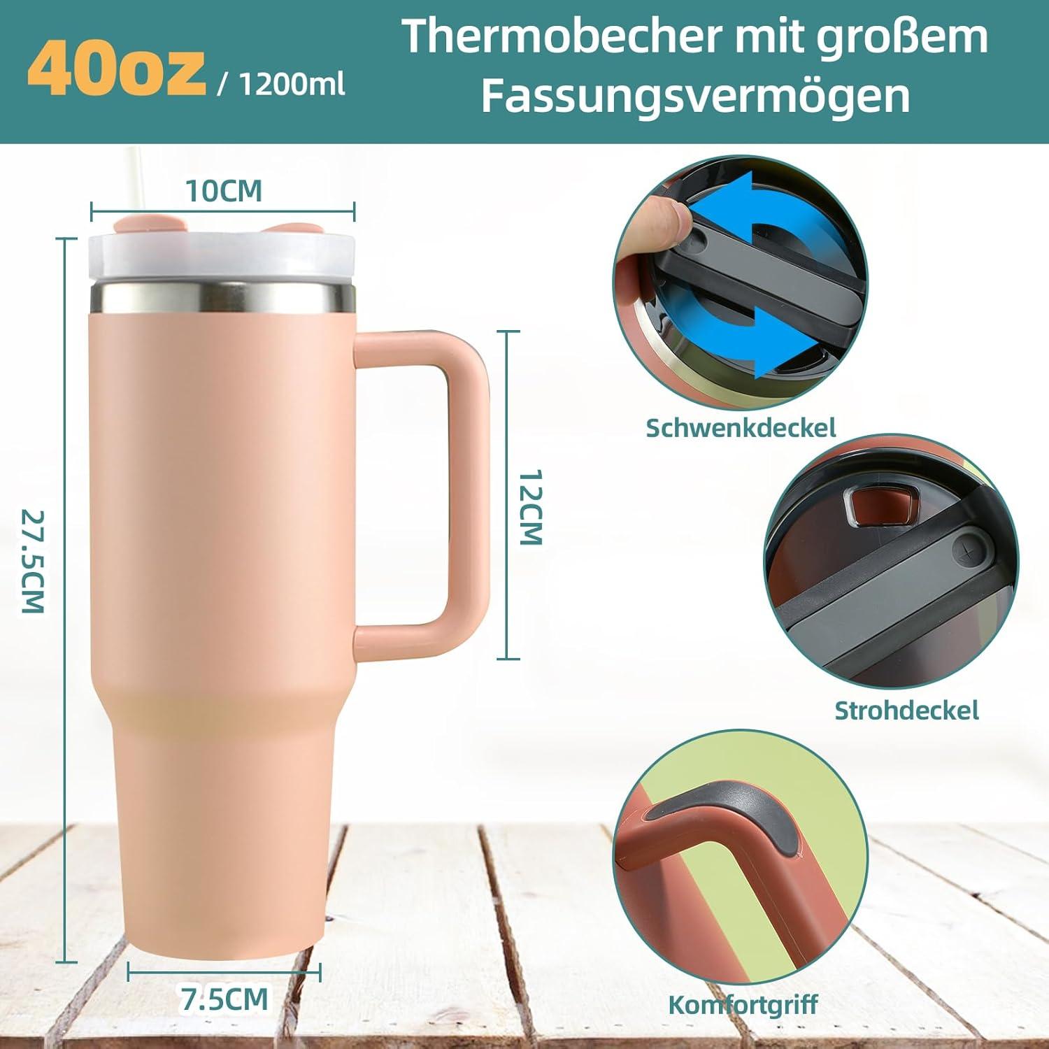 40oz Thermobecher mit Strohhalm und Henkel, 1200ml Kaffeebecher To Go - Rosa