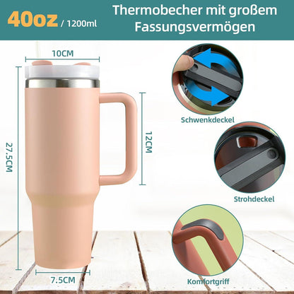 40oz Thermobecher mit Strohhalm und Henkel, 1200ml Kaffeebecher To Go - Rosa
