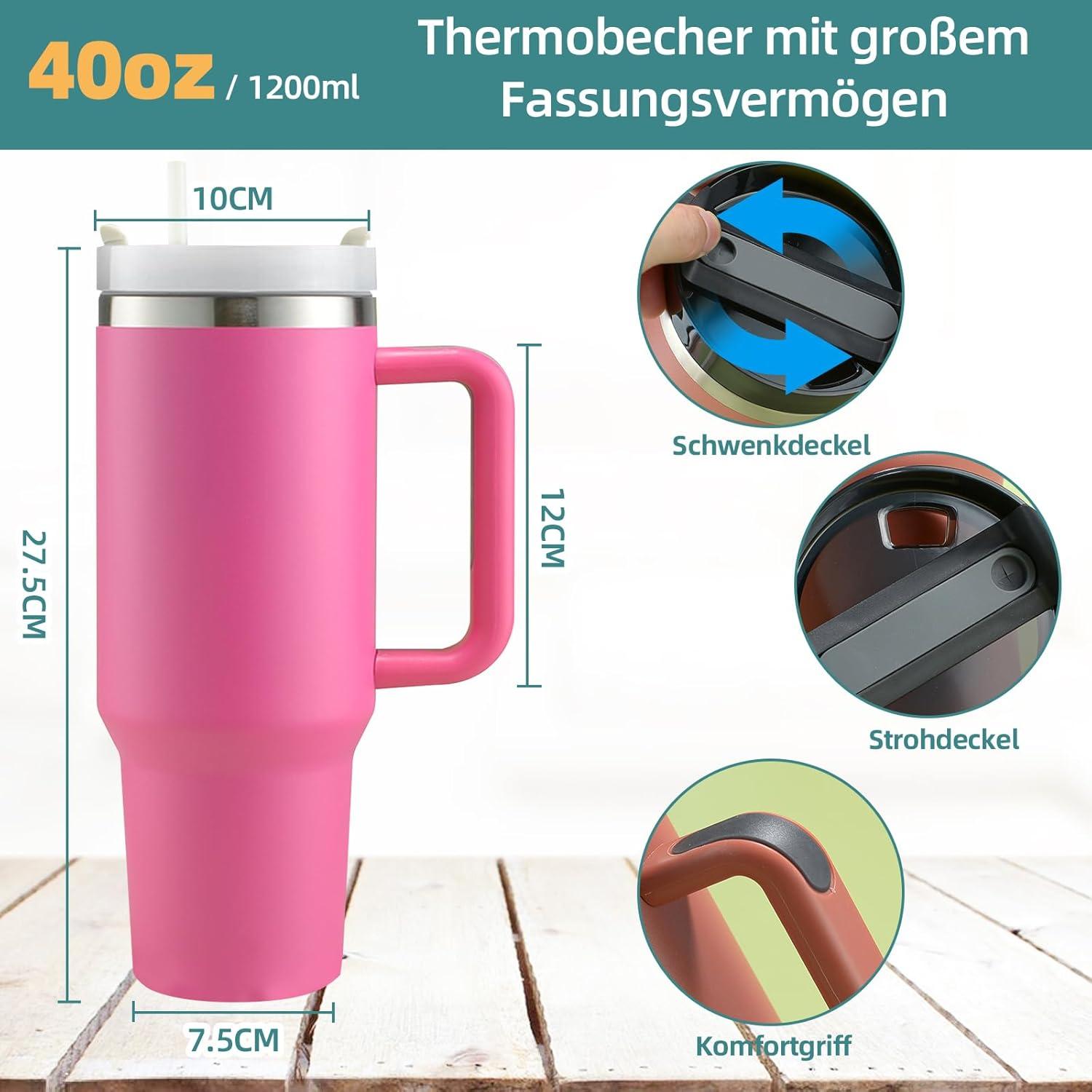 40oz Thermobecher mit Strohhalm und Henkel, 1200ml Kaffeebecher To