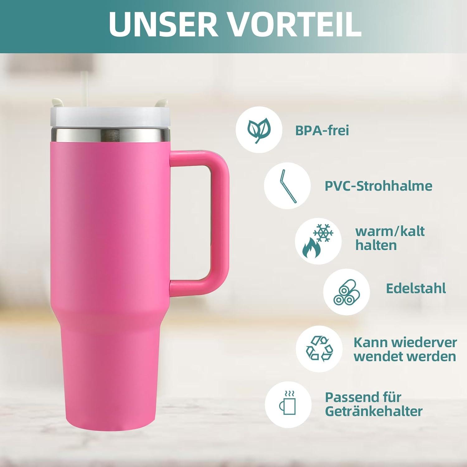 Thermobecher 40oz mit Strohhalm und Henkel, 1200ml, Vakuum