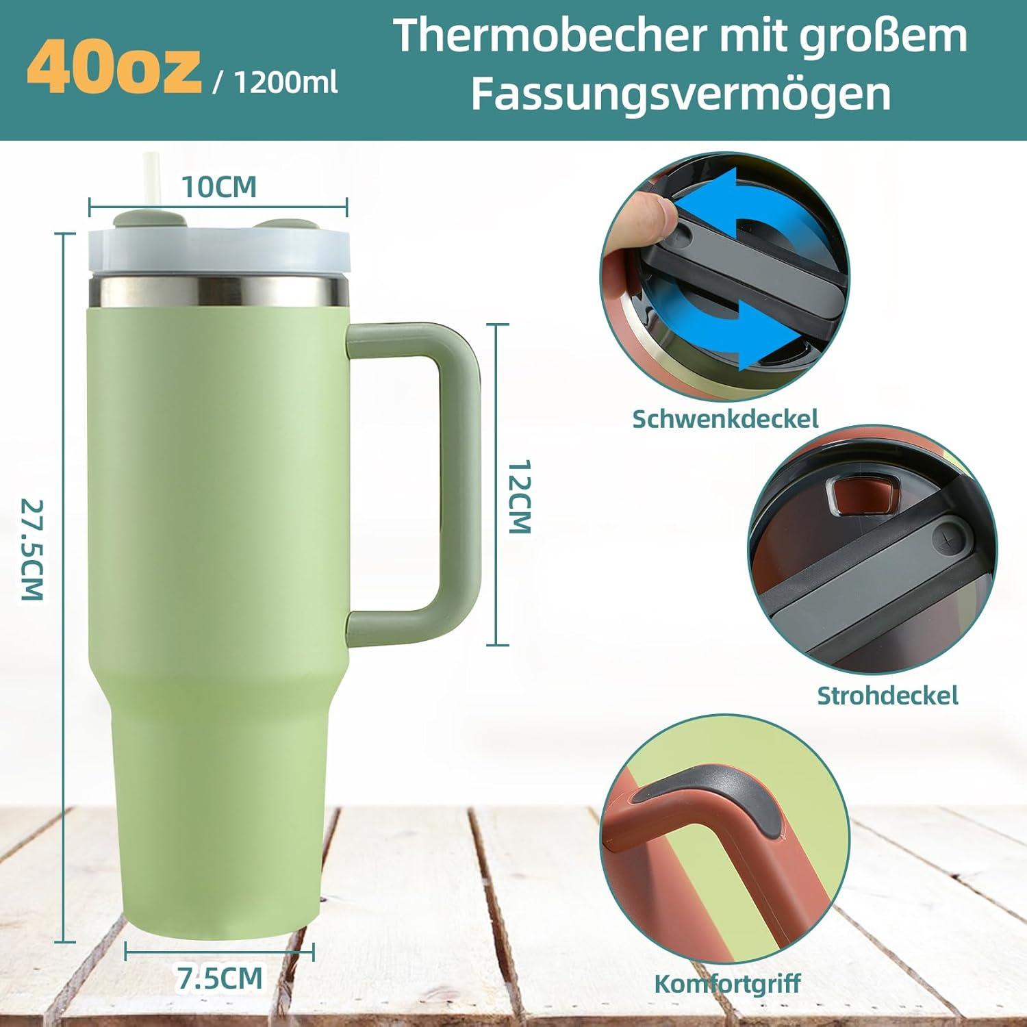 Thermobecher 40oz mit Strohhalm und Henkel, 1200ml Kaffeebecher To Go