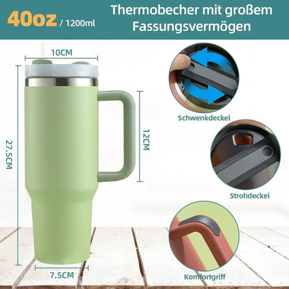 Thermobecher 40oz mit Strohhalm und Henkel, 1200ml Kaffeebecher To Go
