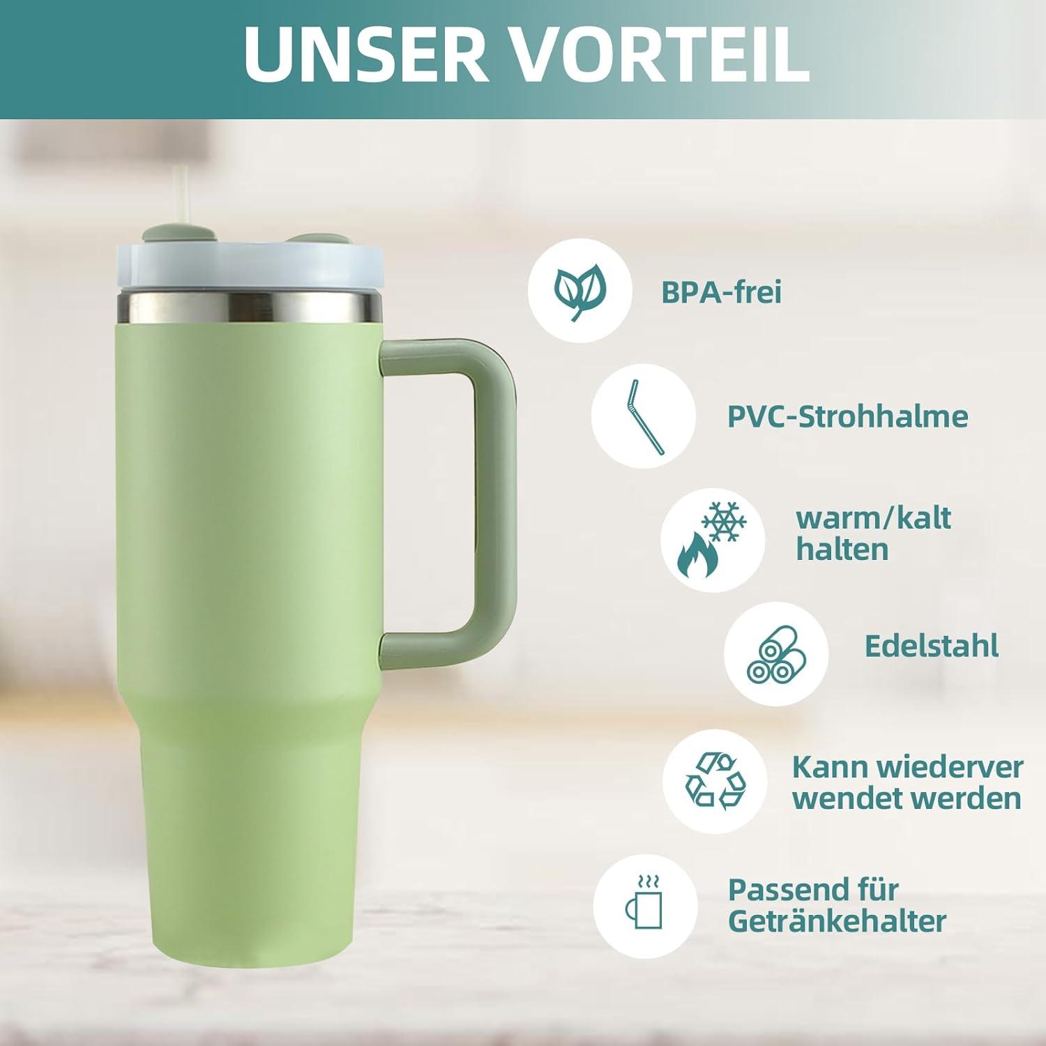 Thermobecher 40oz Edelstahl Vakuum Isolierbecher Strohhalm Heiß Kalt Grün