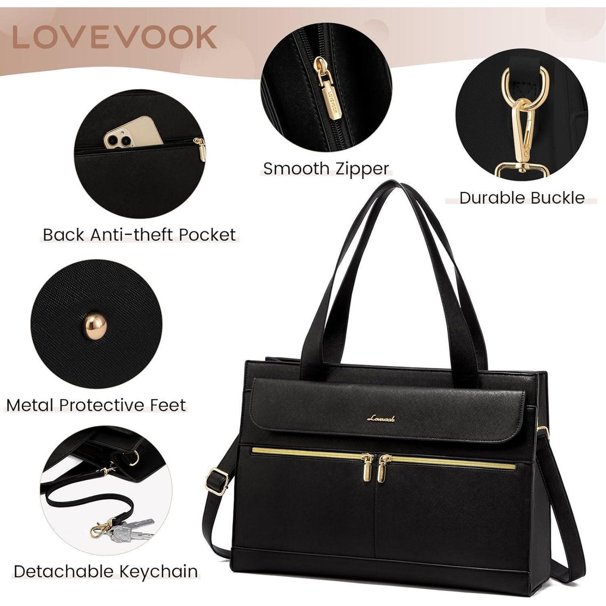Laptoptasche Damen 15,6 Zoll Shopper Tasche Schwarz mit Clutch