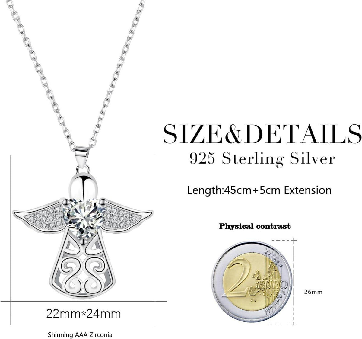 925 Sterling Silber Herz Kette Schutzengel Anhänger Halskette für