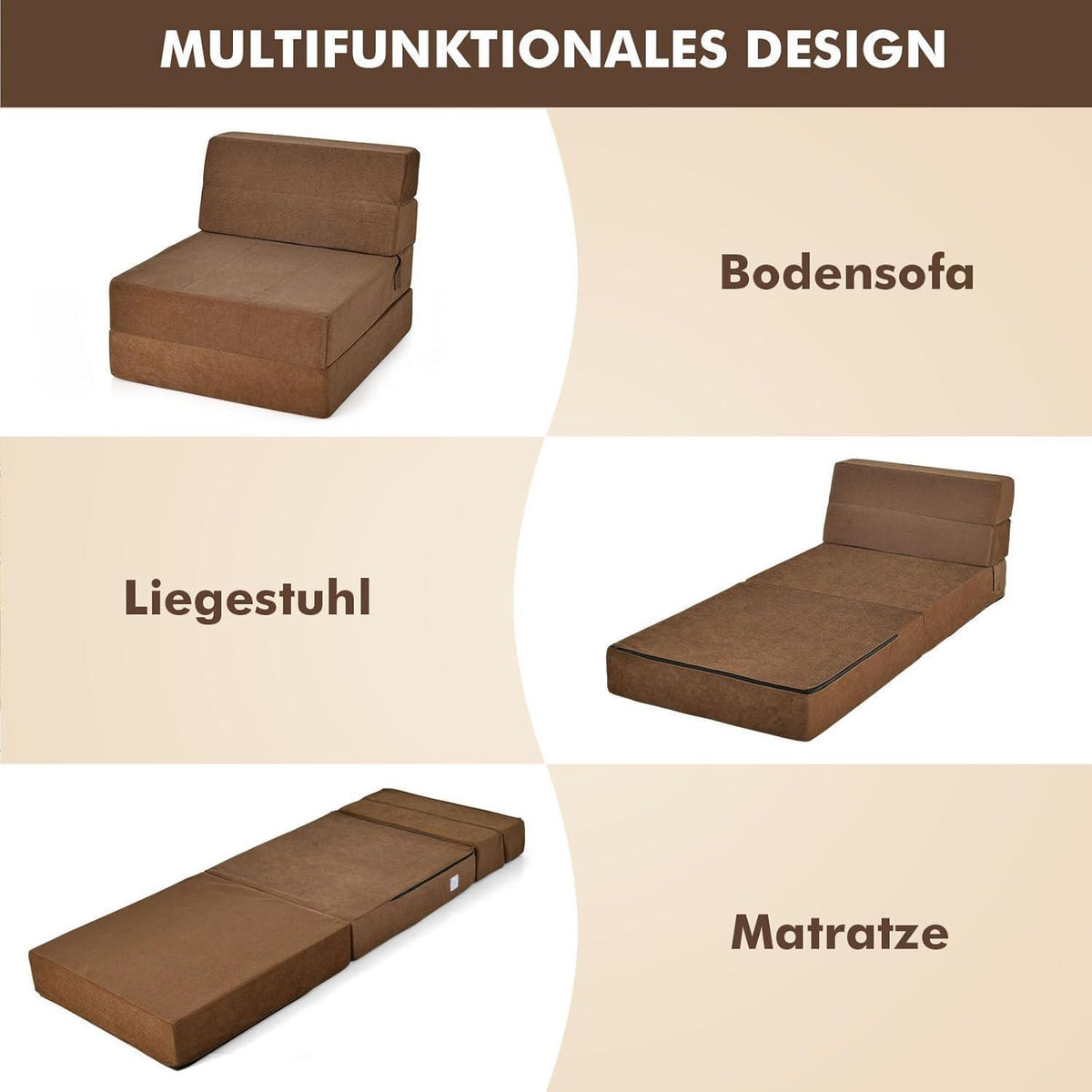 Bodensofa mit Schlaffunktion – 3in1 Klappsofa Braun