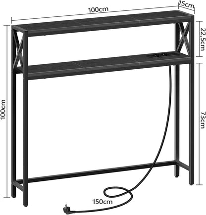 2-stöckiger Konsolentisch mit Steckdosen und USB, Schwarz