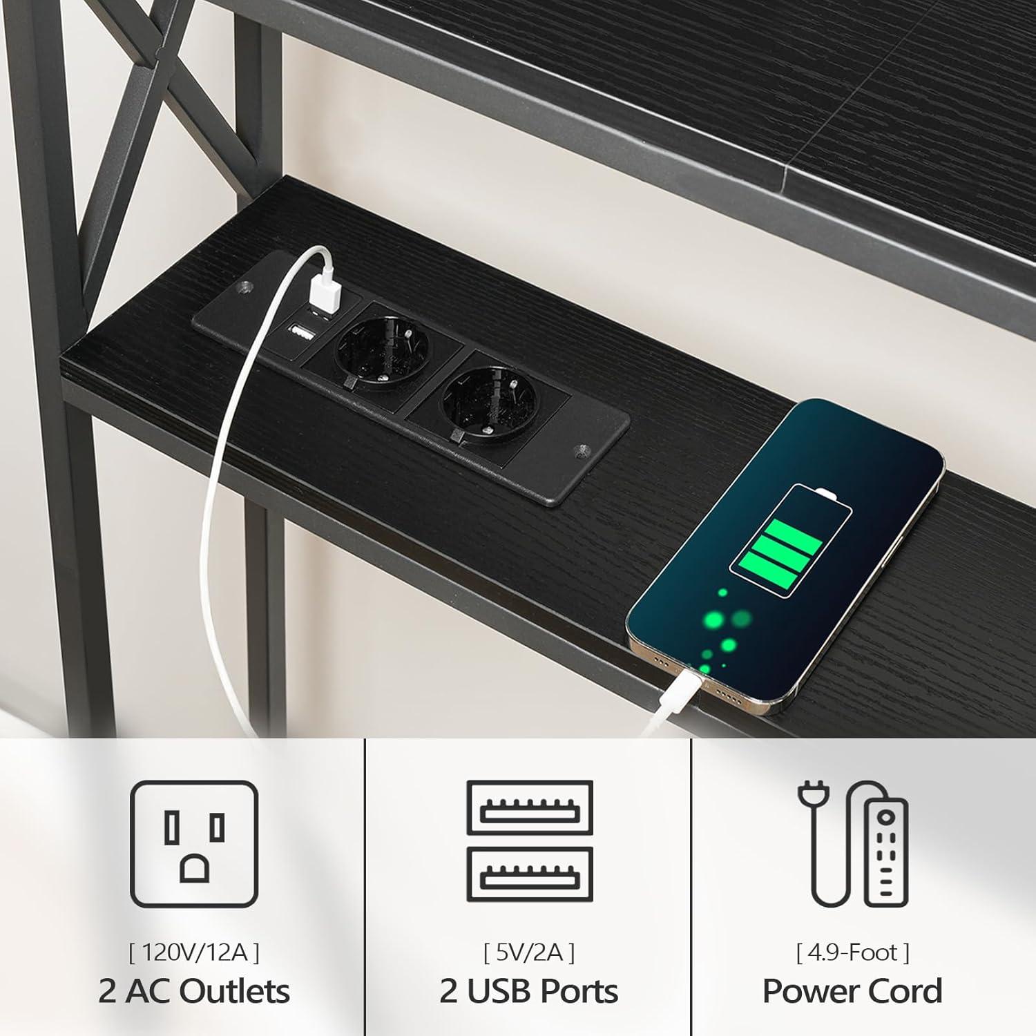 Konsolentisch 100 cm Schwarz 2-stöckig 2 Steckdosen USB Beistelltisch