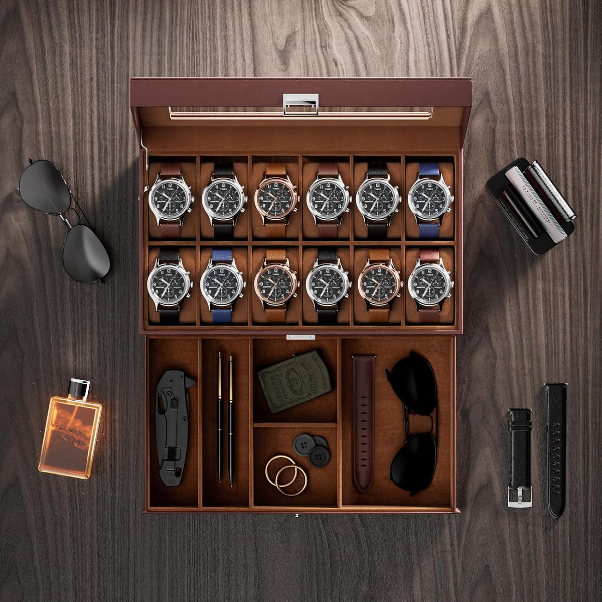 ProCase Uhrenbox 12 Fächer Glasdeckel Uhrenkasten Espresso