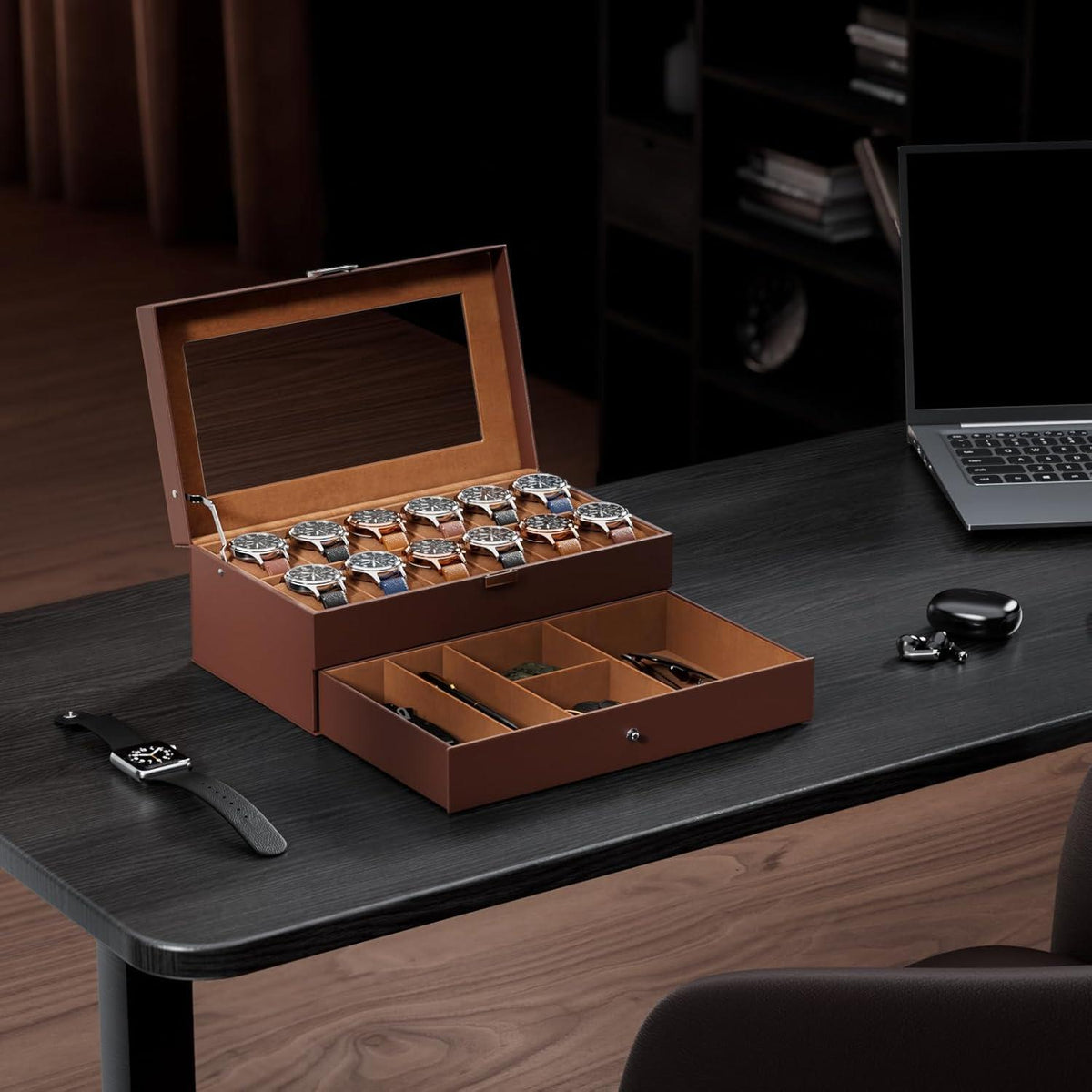 Uhrenbox für 12 Uhren-Glasdeckel 2 Ebenen Espresso Uhrenkoffer