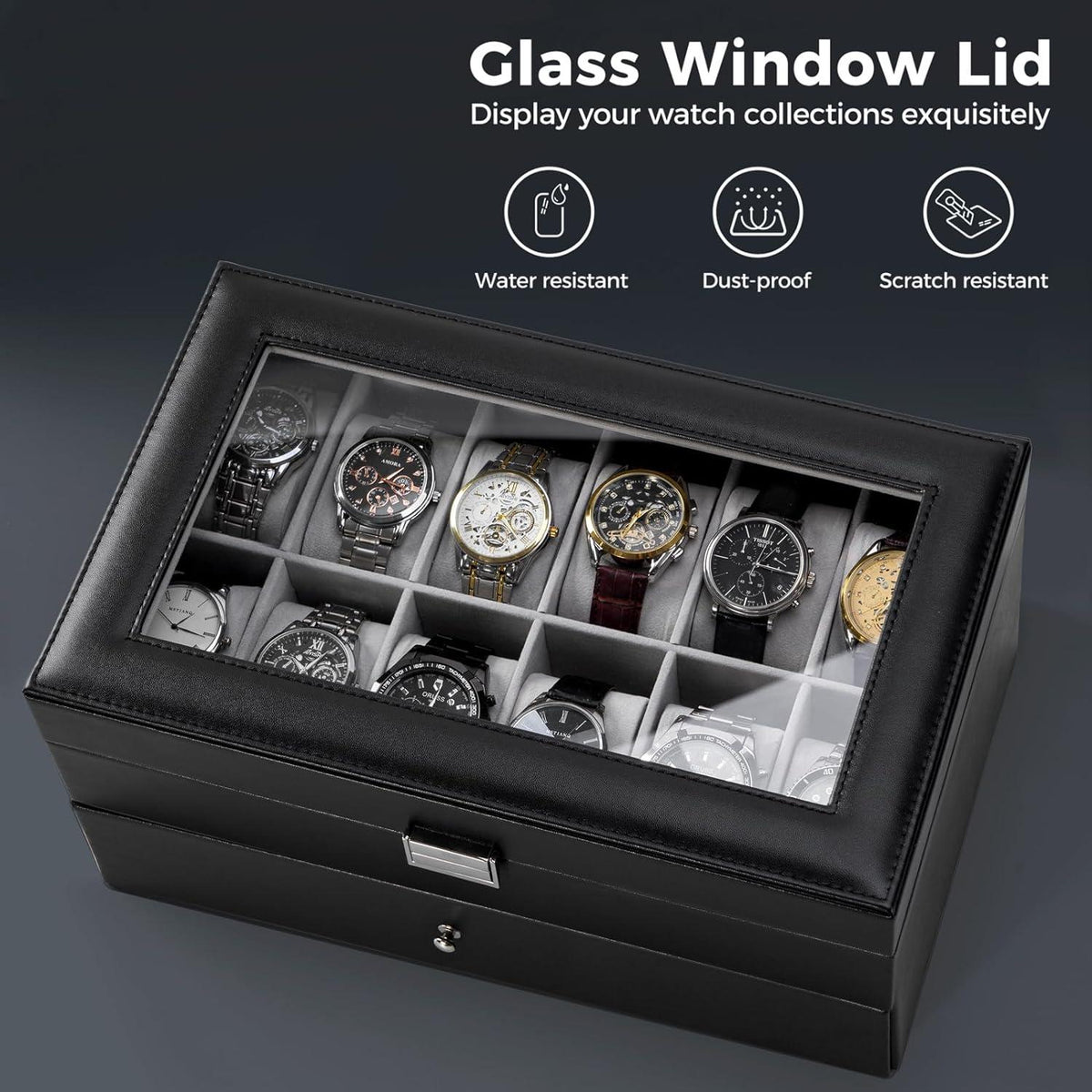 Uhrenbox mit Glasdeckel und 12 Fächern für Uhrenkollektionen
