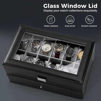 Uhrenbox mit Glasdeckel und 12 Fächern für Uhrenkollektionen