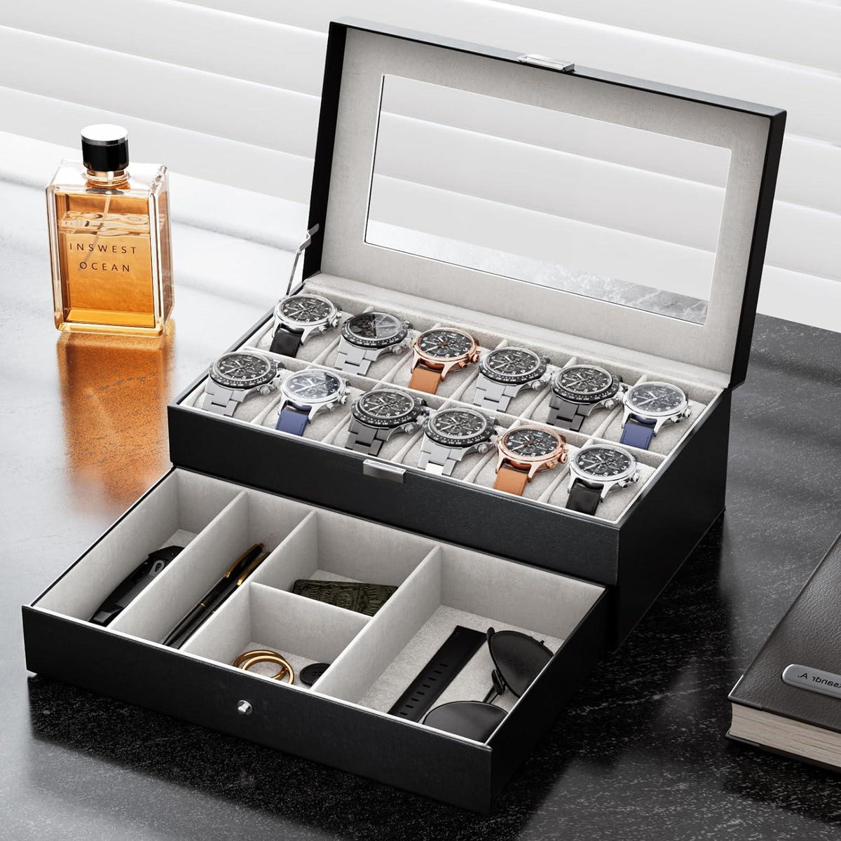 Uhrenbox mit Glasdeckel und 12 Fächern - Schwarz - 2 Ebenen