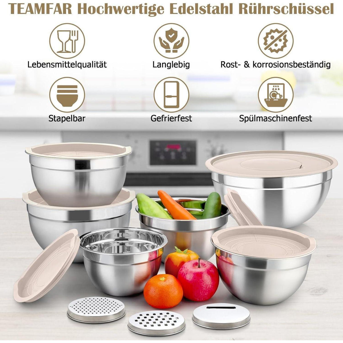 Edelstahl Rührschüssel Set mit Deckel & Reibeaufsätzen