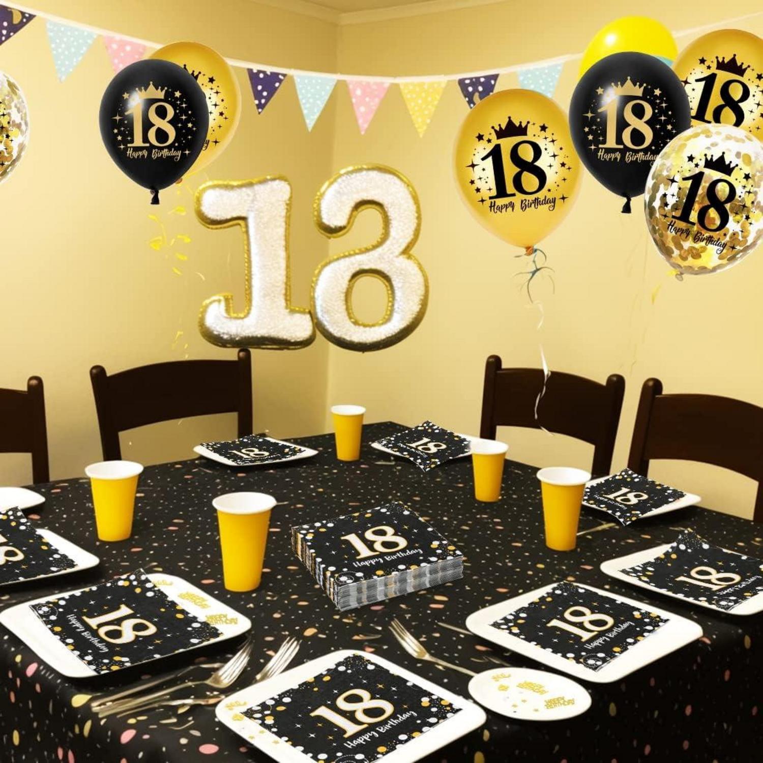 18. Geburtstag Deko Servietten 60 Stück Schwarz Gold Luftballons Set