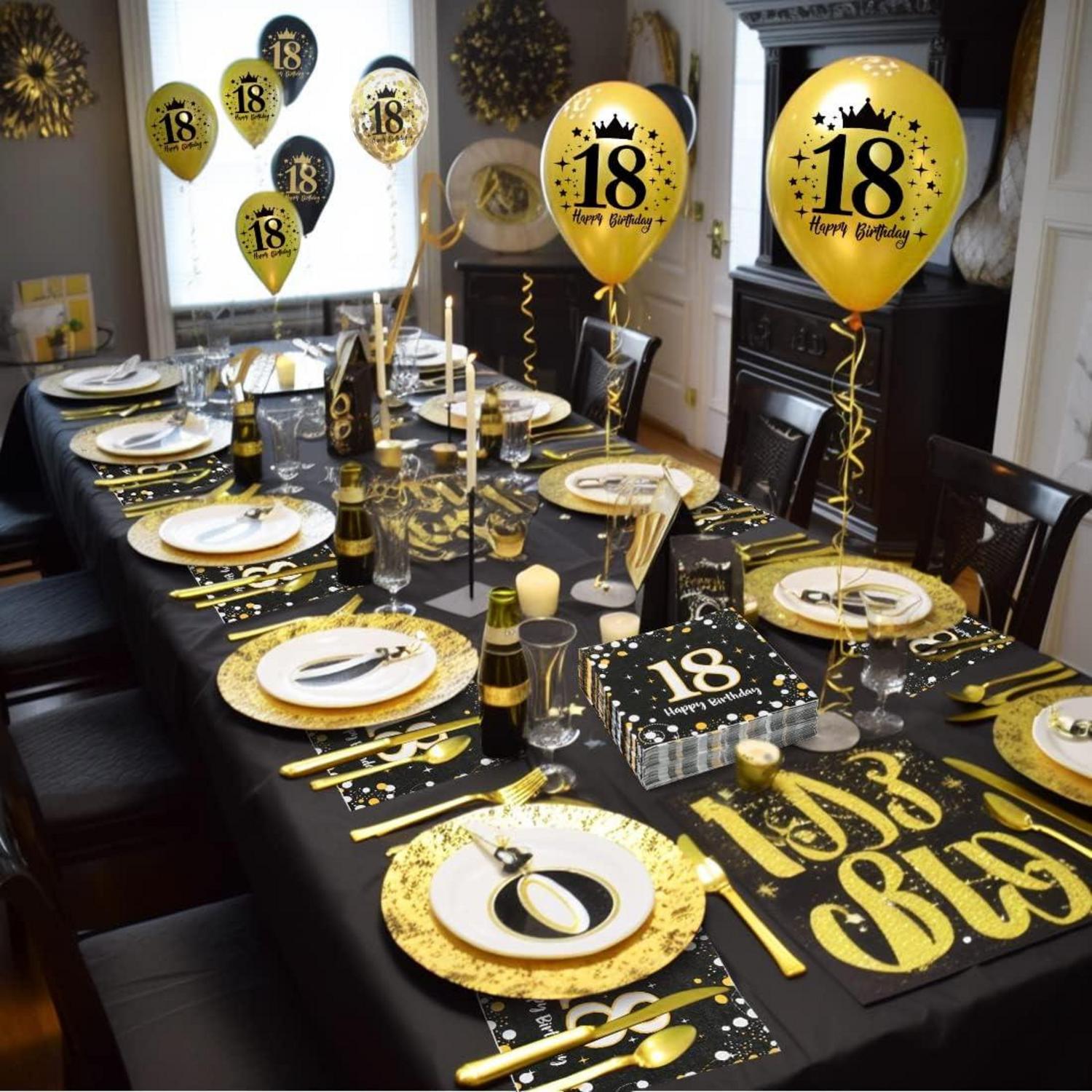 18. Geburtstag Deko Servietten 60 Stück Schwarz Gold Luftballons Set